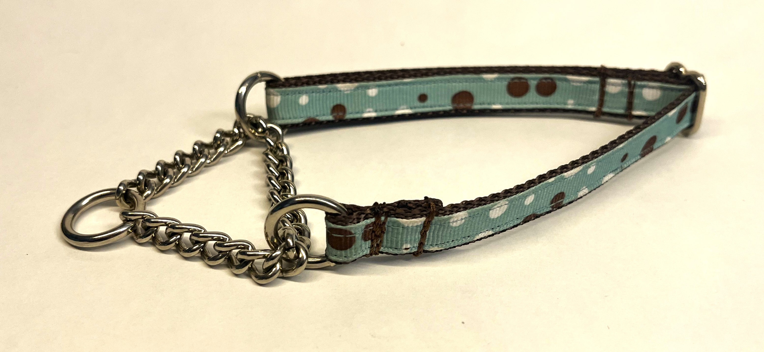 Light Blue with Brown and White Dots Chain Martingale Collar 1/2