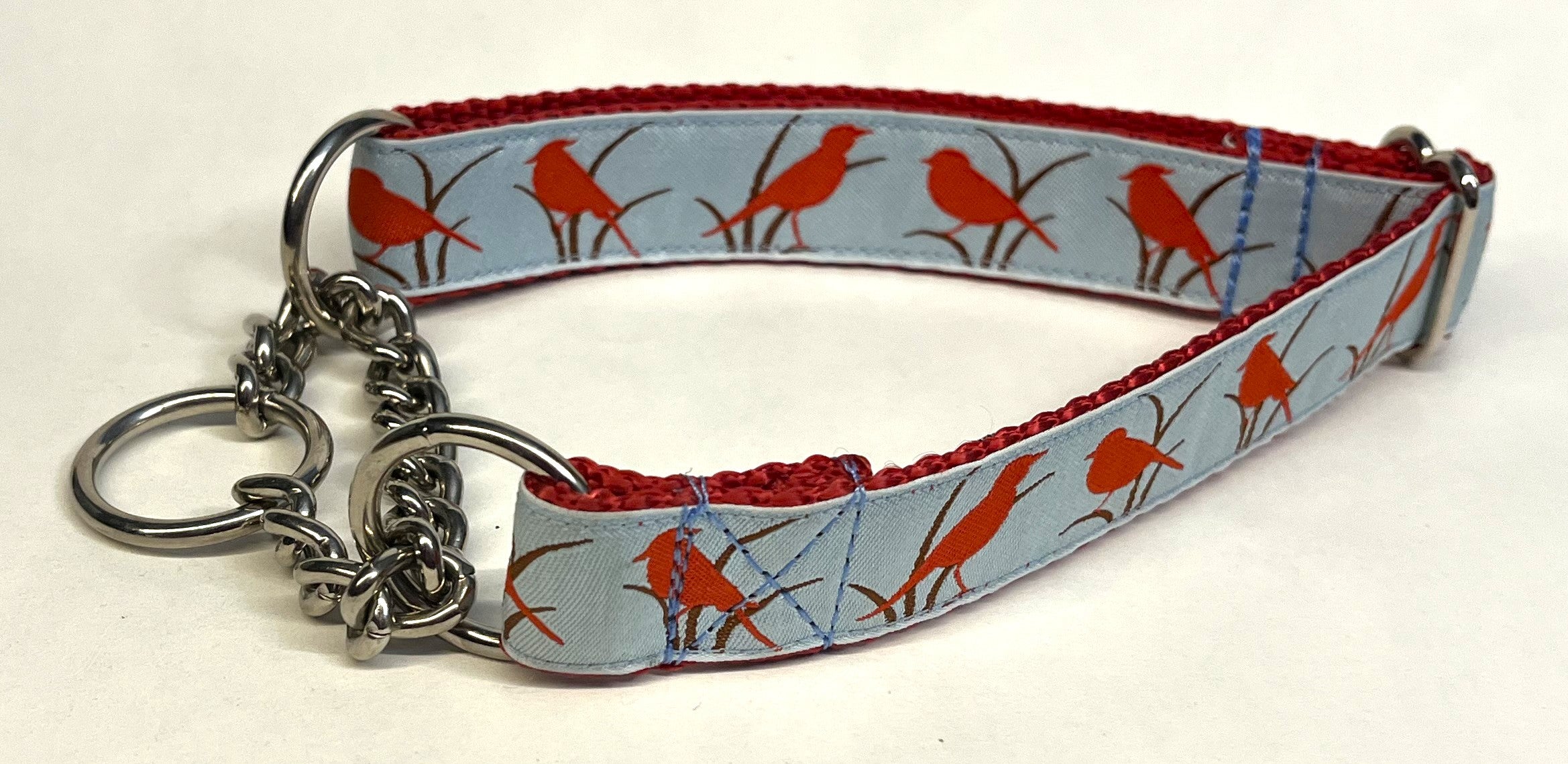 Light Blue with Red Birds Chain Martingale Collar 1in