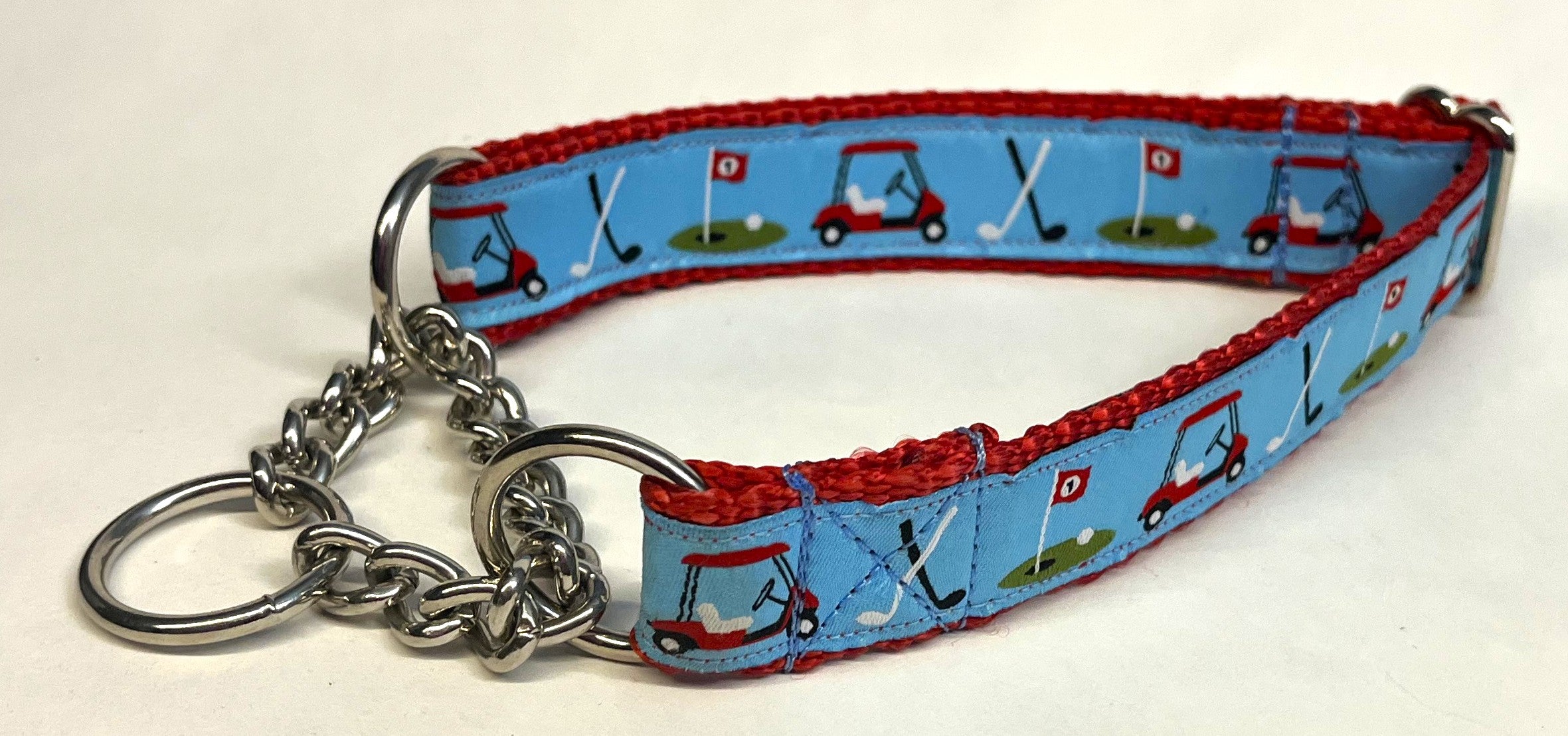 Light Blue with Red Golf Carts Chain Martingale Collar 1in