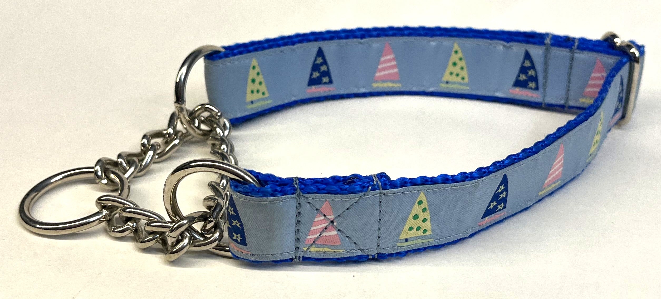 Light Blue with Sailboats Chain Martingale Collar 1in