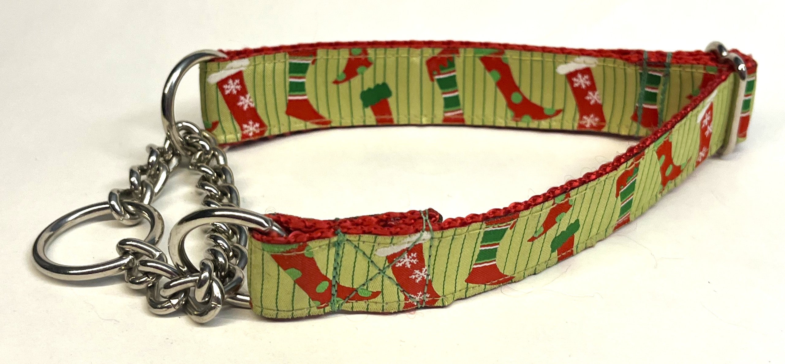 Light Green with Christmas Stockings Chain Martingale Collar 1in