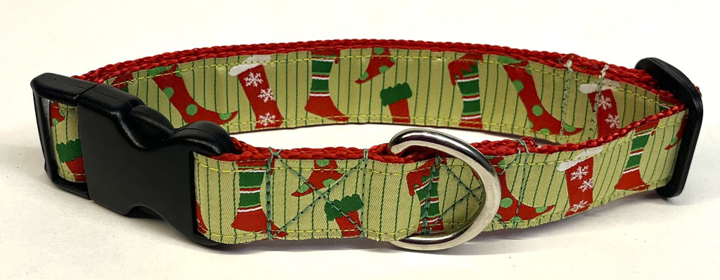 Light Green with Christmas Stockings Dog Collar 1in