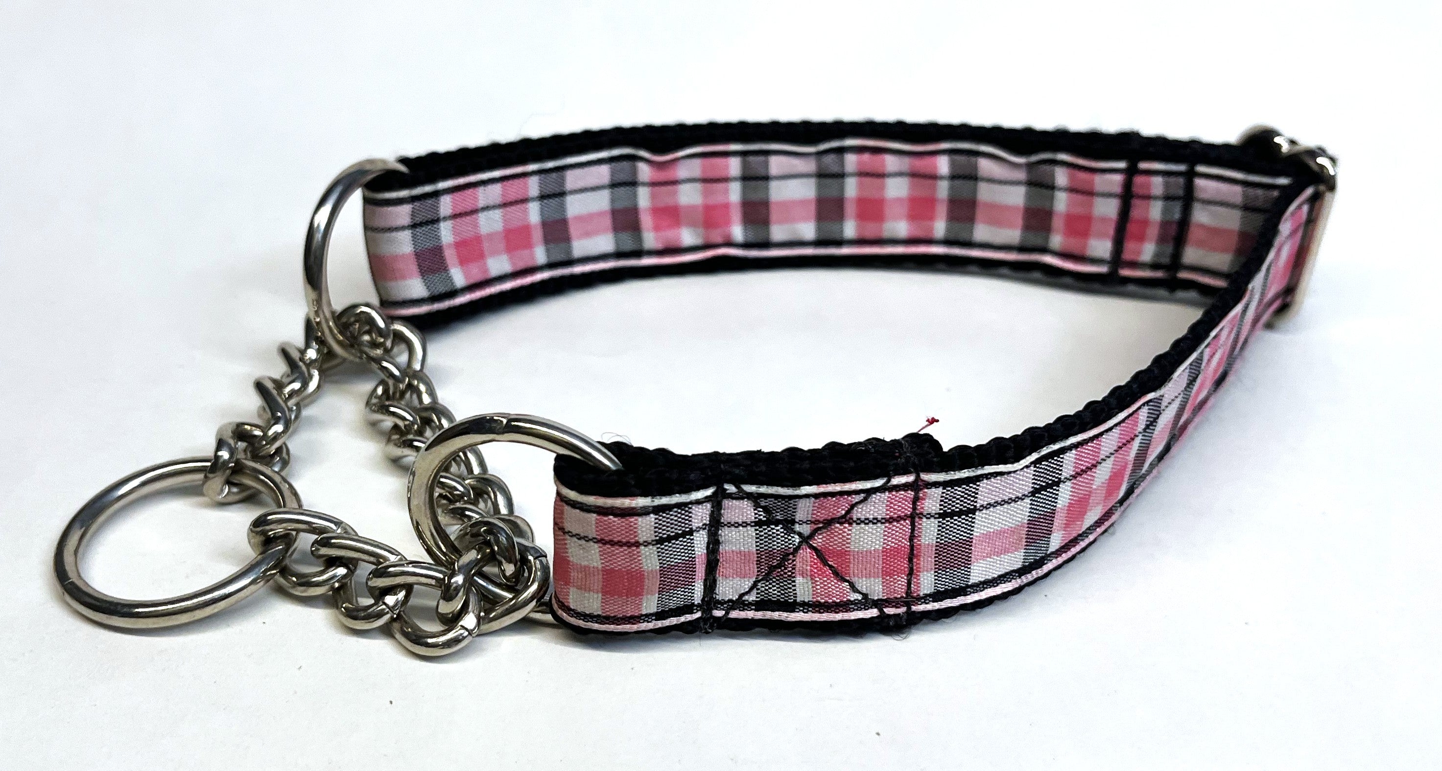 Light Pink, Black and White Plaid Chain Martingale Collar 1in