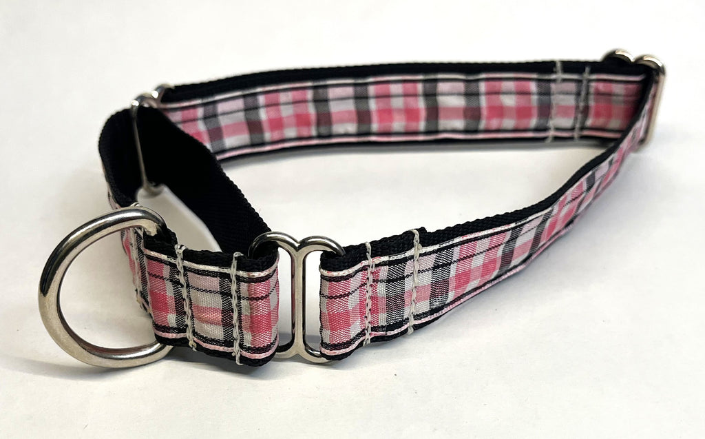 Light Pink, Black and White Plaid Martingale Collar 1in