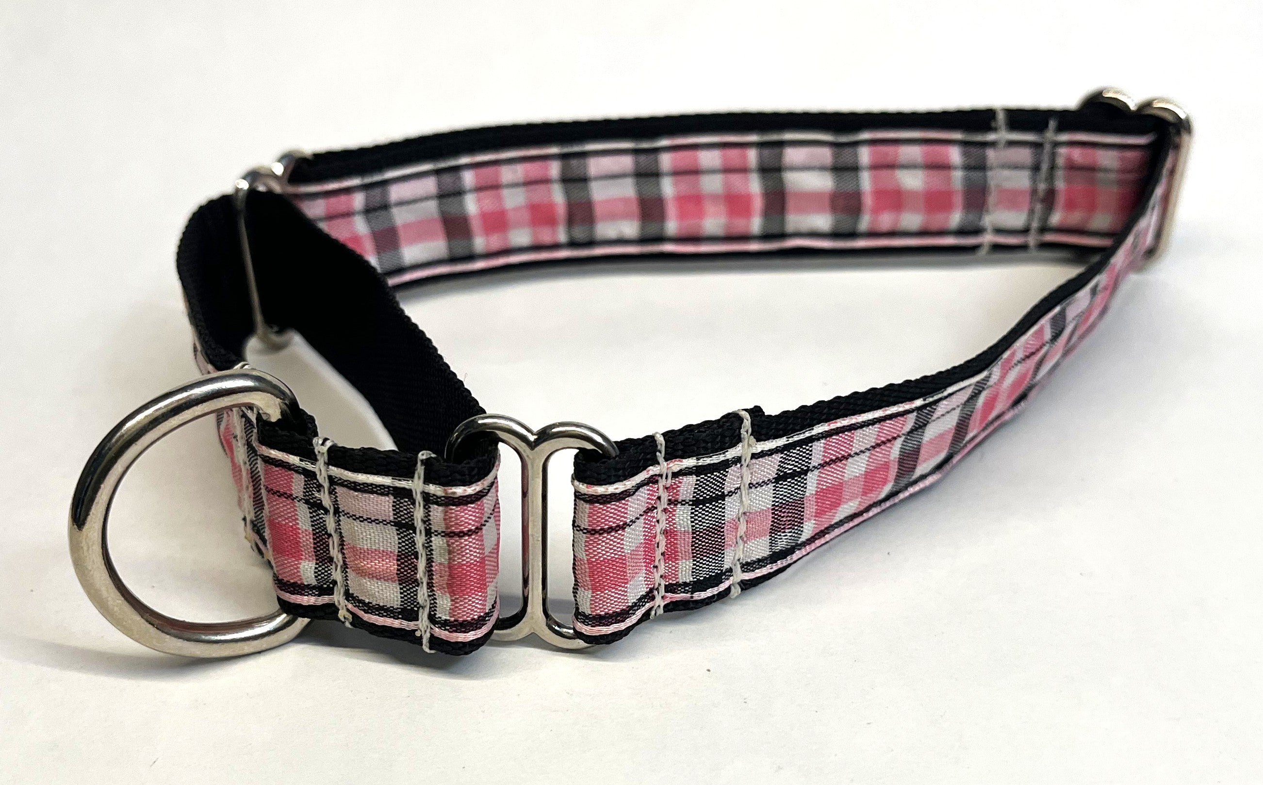 Light Pink, Black and White Plaid Martingale Collar 1in