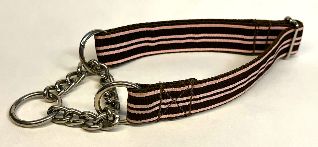 Light Pink and Brown Stripe Chain Martingale Collar 1in