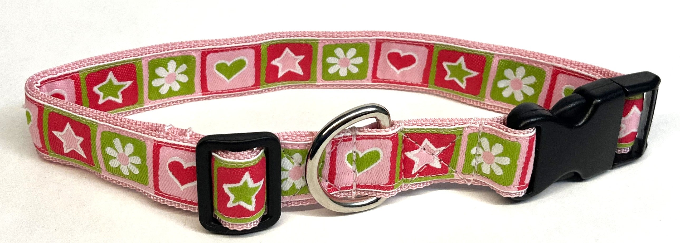 Light Pink, Green, and Pink Star, Hearts, and Flower Squares Dog Collar 1in
