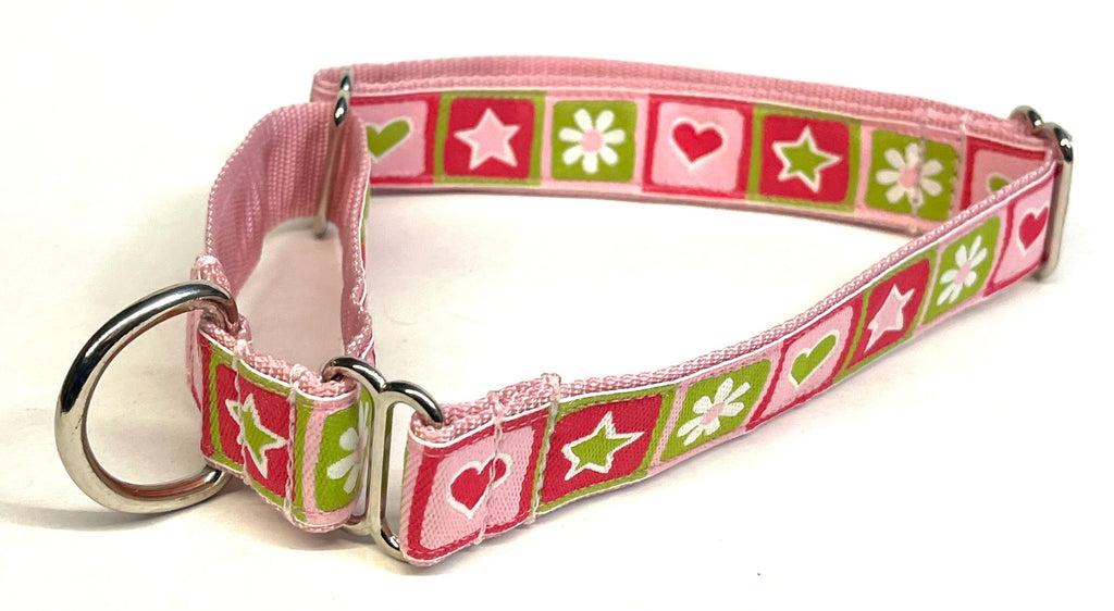 Light Pink, Green, and Pink Star, Hearts, and Flower Squares Martingale Collar 1in