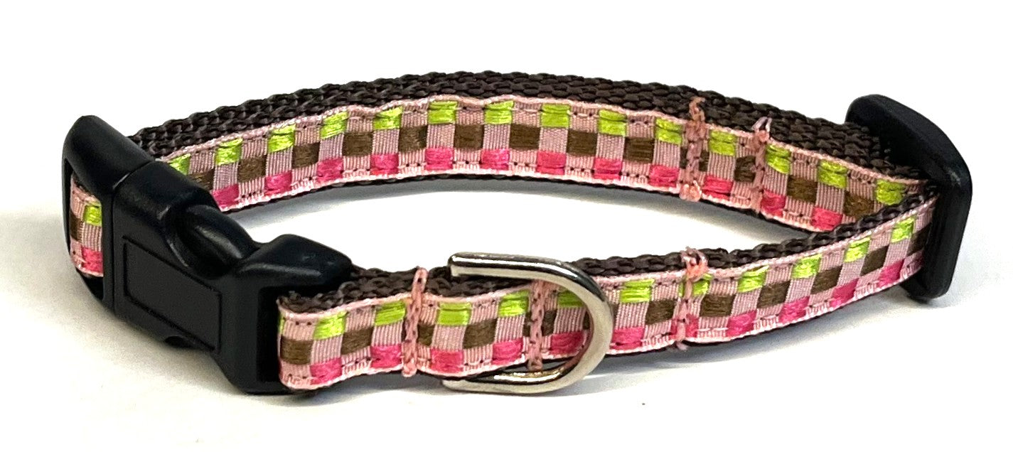 Light Pink, Pink, Green, and Brown Plaid Dog Collar 1/2