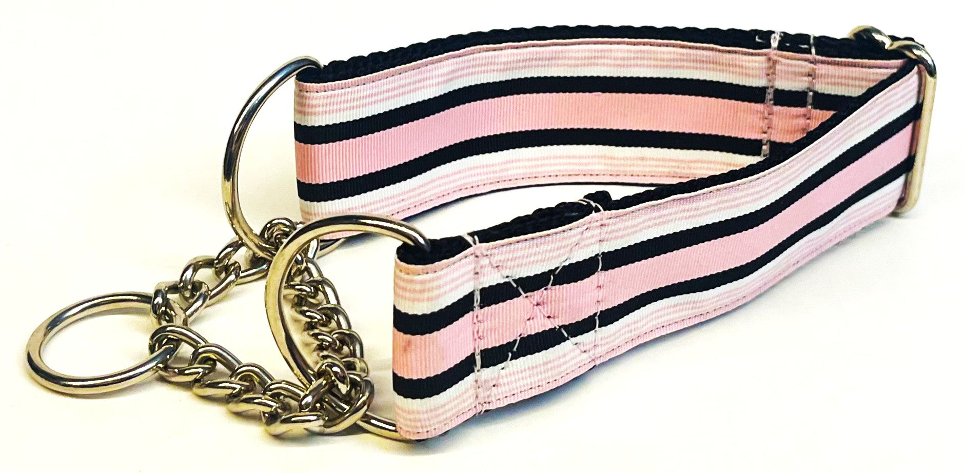 Light Pink, White, and Black Stripe Chain Martingale Collar 1 1/2 in