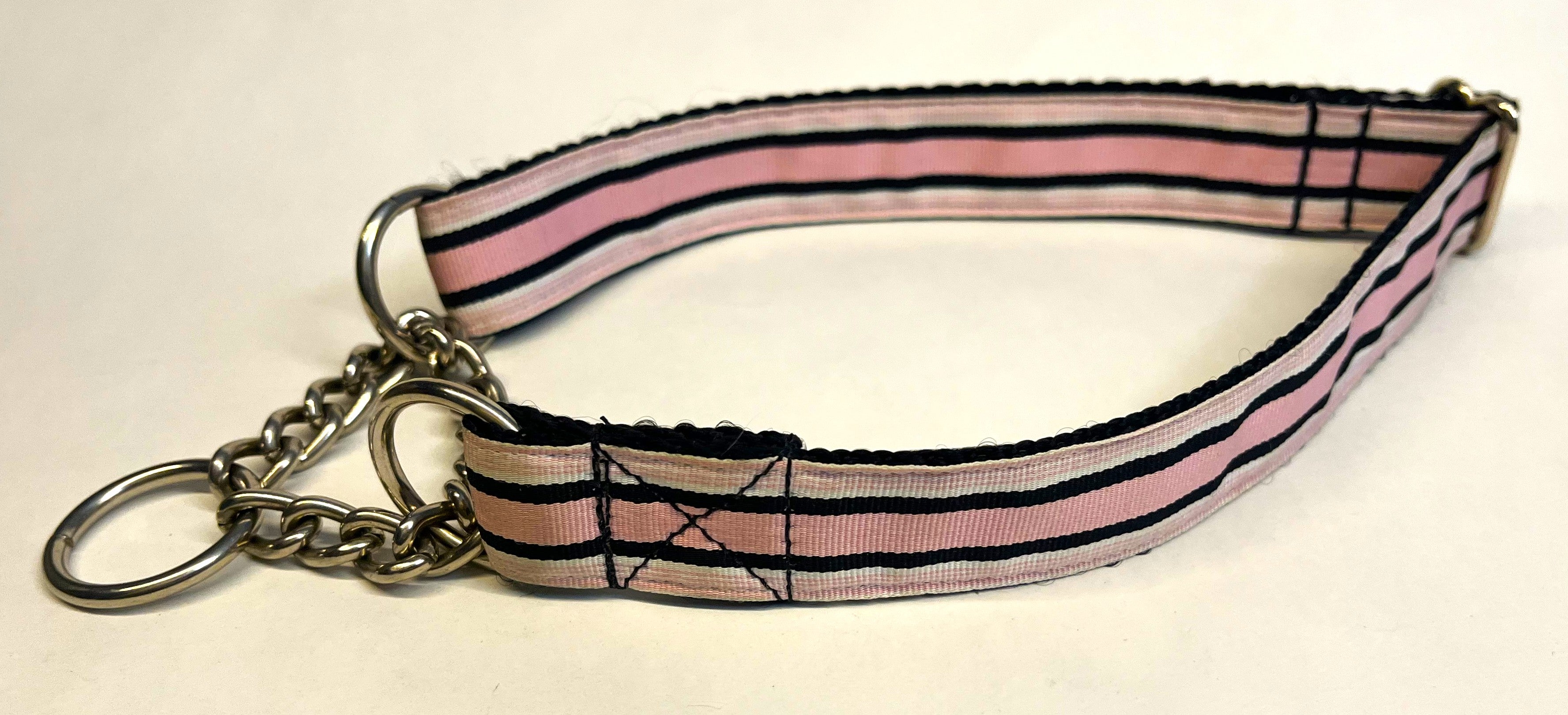 Light Pink, White, and Black Stripe Chain Martingale Collar 1in