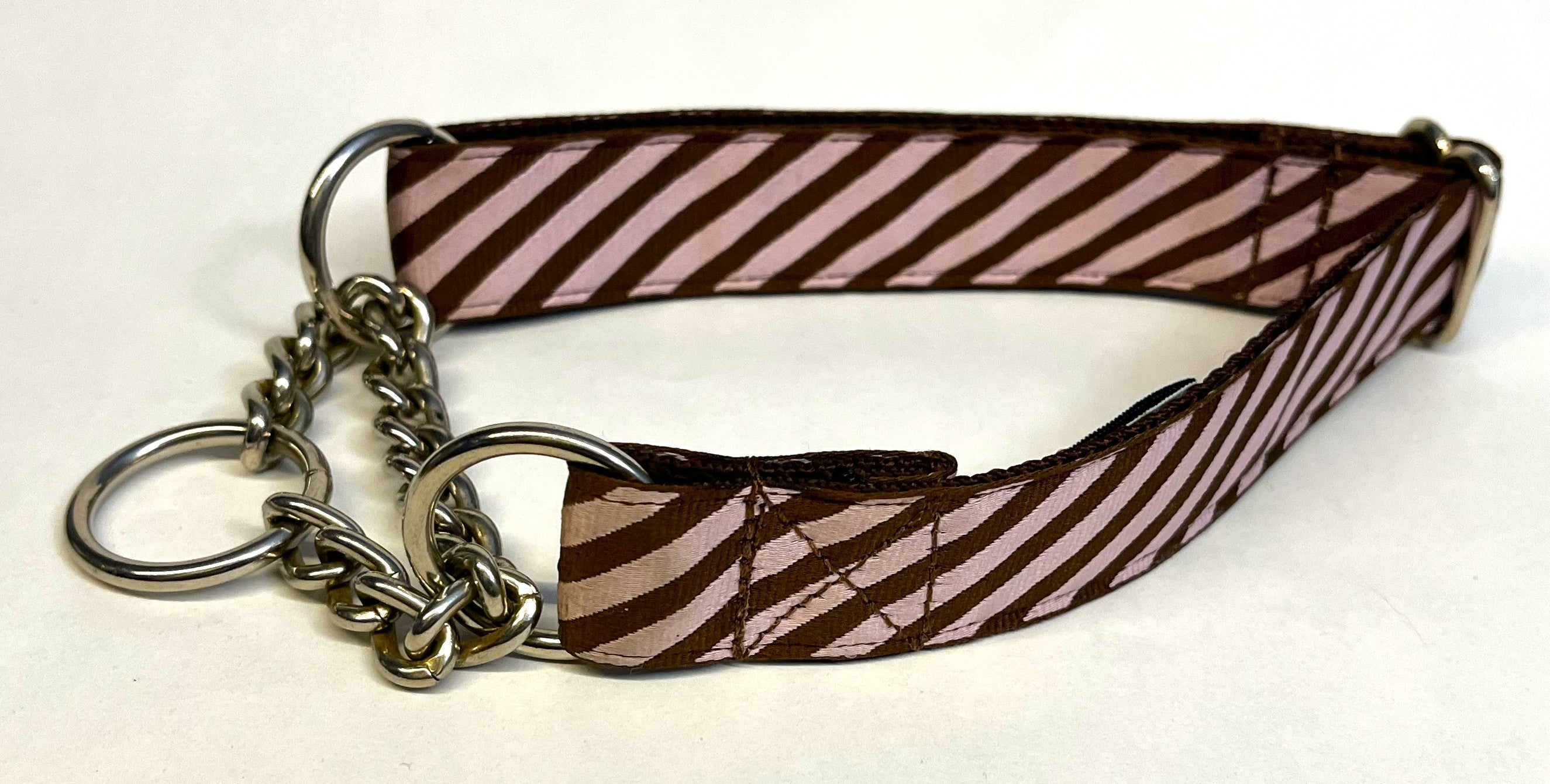 Light Pink and Brown Diagonal Stripe Chain Martingale Collar 1in