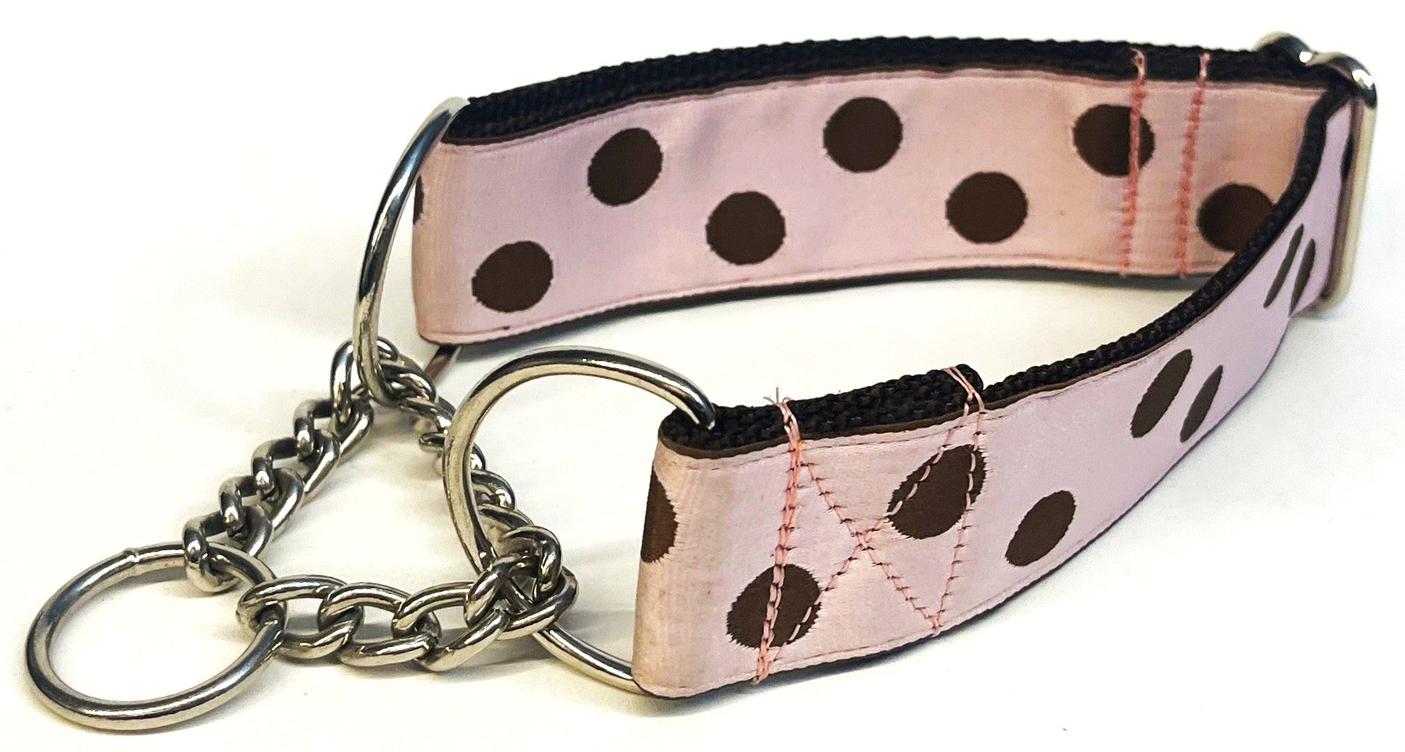 Light Pink with Brown Dots Chain Martingale Collar 1 1/2 in