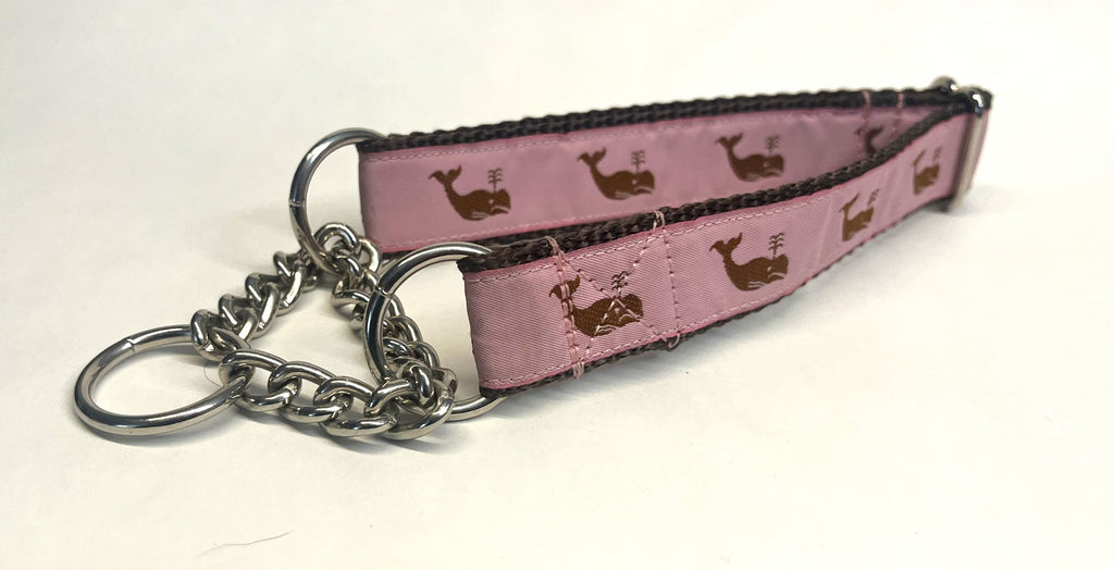 Light Pink with Brown Whales Chain Martingale Collar 1in