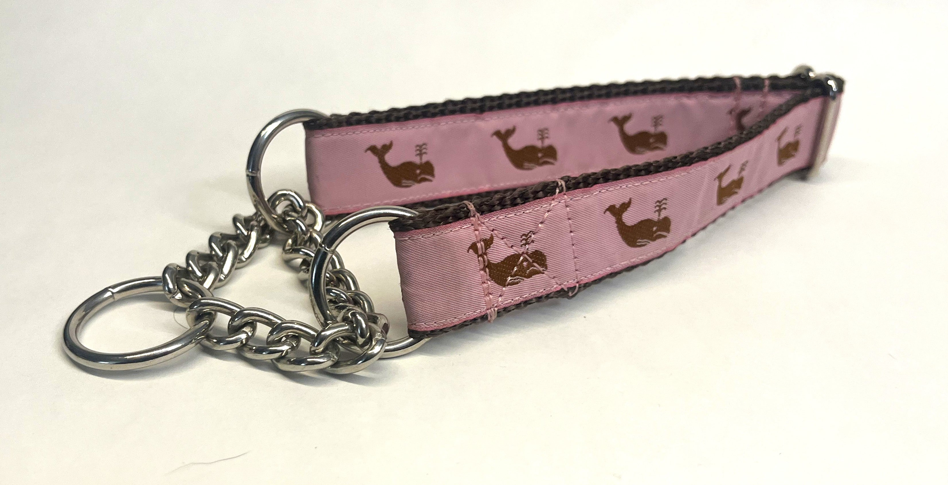 Light Pink with Brown Whales Chain Martingale Collar 1in