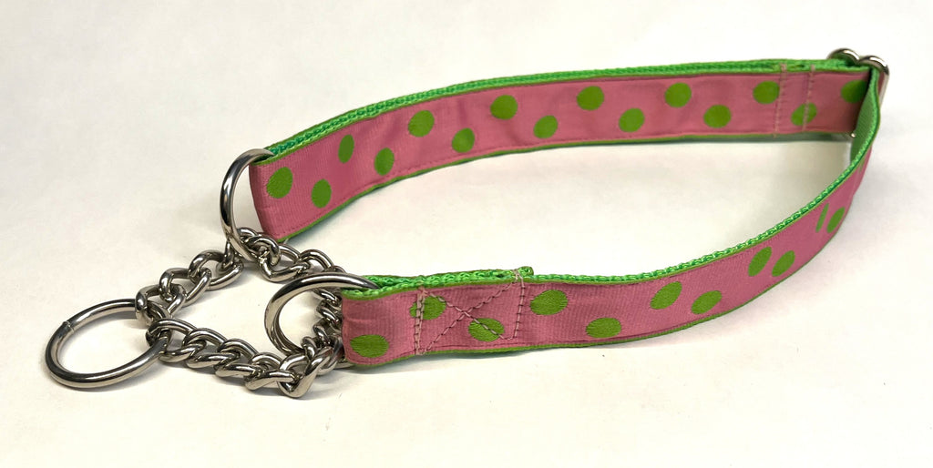 Light Pink with Green Dots Chain Martingale Collar 1in