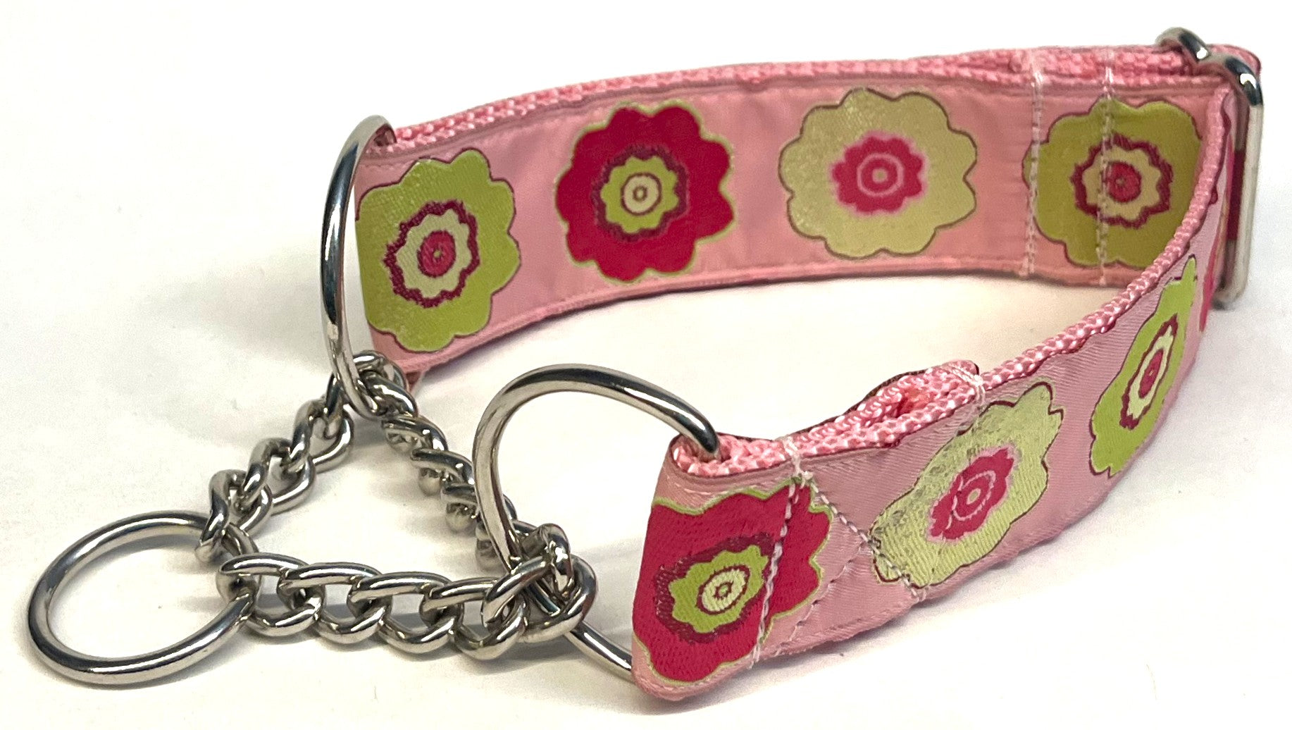 Light Pink with Green, Pink, and Light Green Flowers Chain Martingale Collar 1 1/2 in