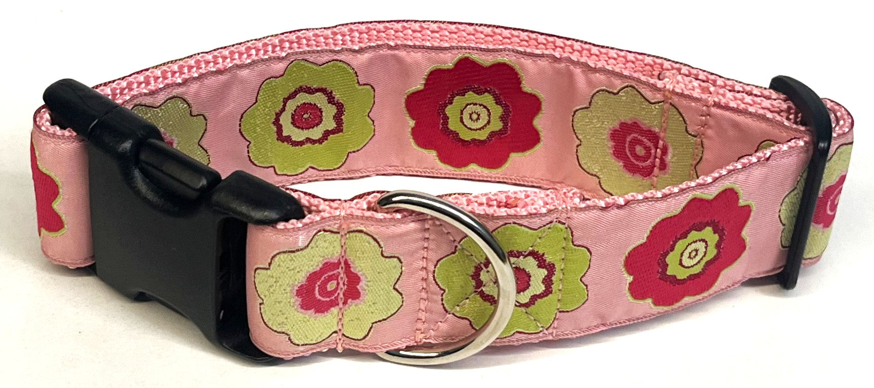 Light Pink with Green, Pink, and Light Green Flowers Dog Collar 1 1/2 in