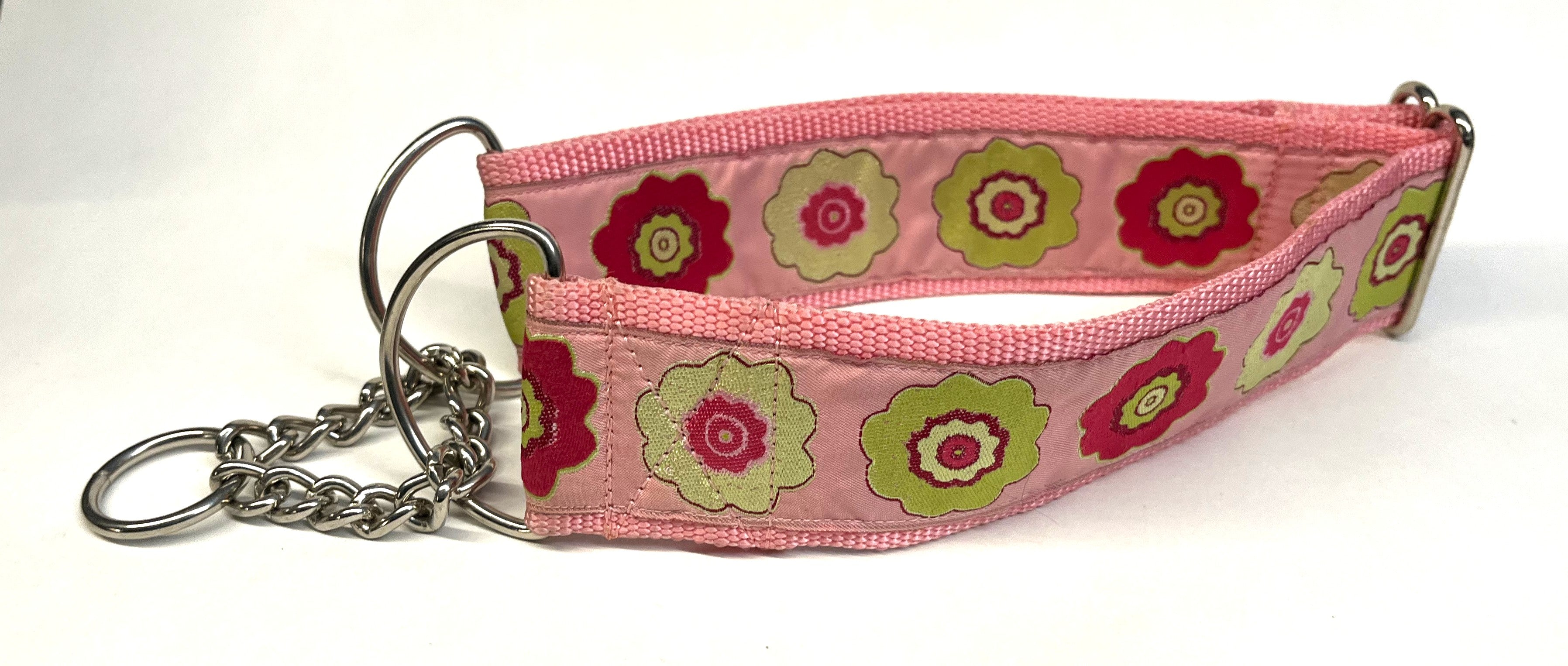 Light Pink with Green, Pink, White Flowers Chain Martingale Collar 2in