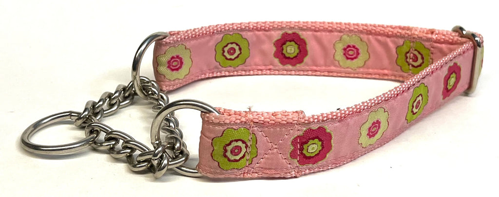 Light Pink with Green and Pink Flowers Chain Martingale Collar 1in