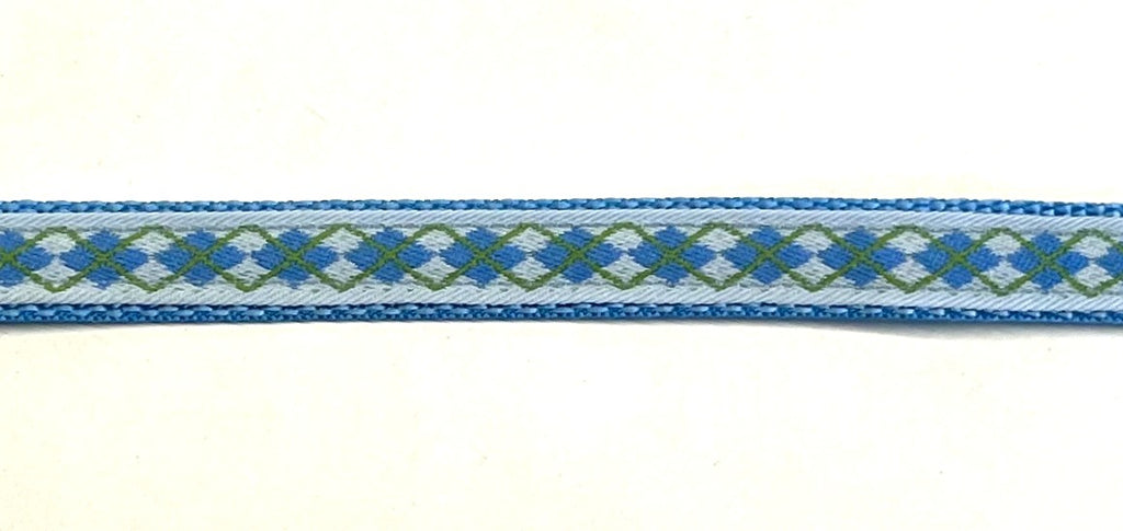 Light blue ribbon with blue and green argyle design on light blue webbing dog collar