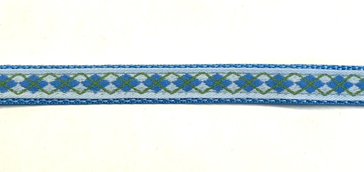 Light blue ribbon with blue and green argyle design on light blue webbing dog collar