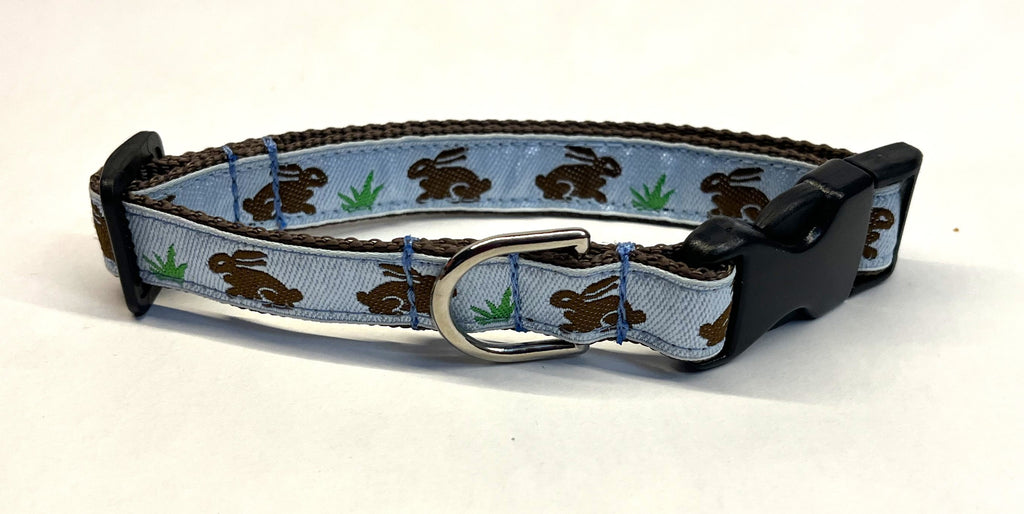 Light Blue with Brown Bunnies Dog Collar 3/4