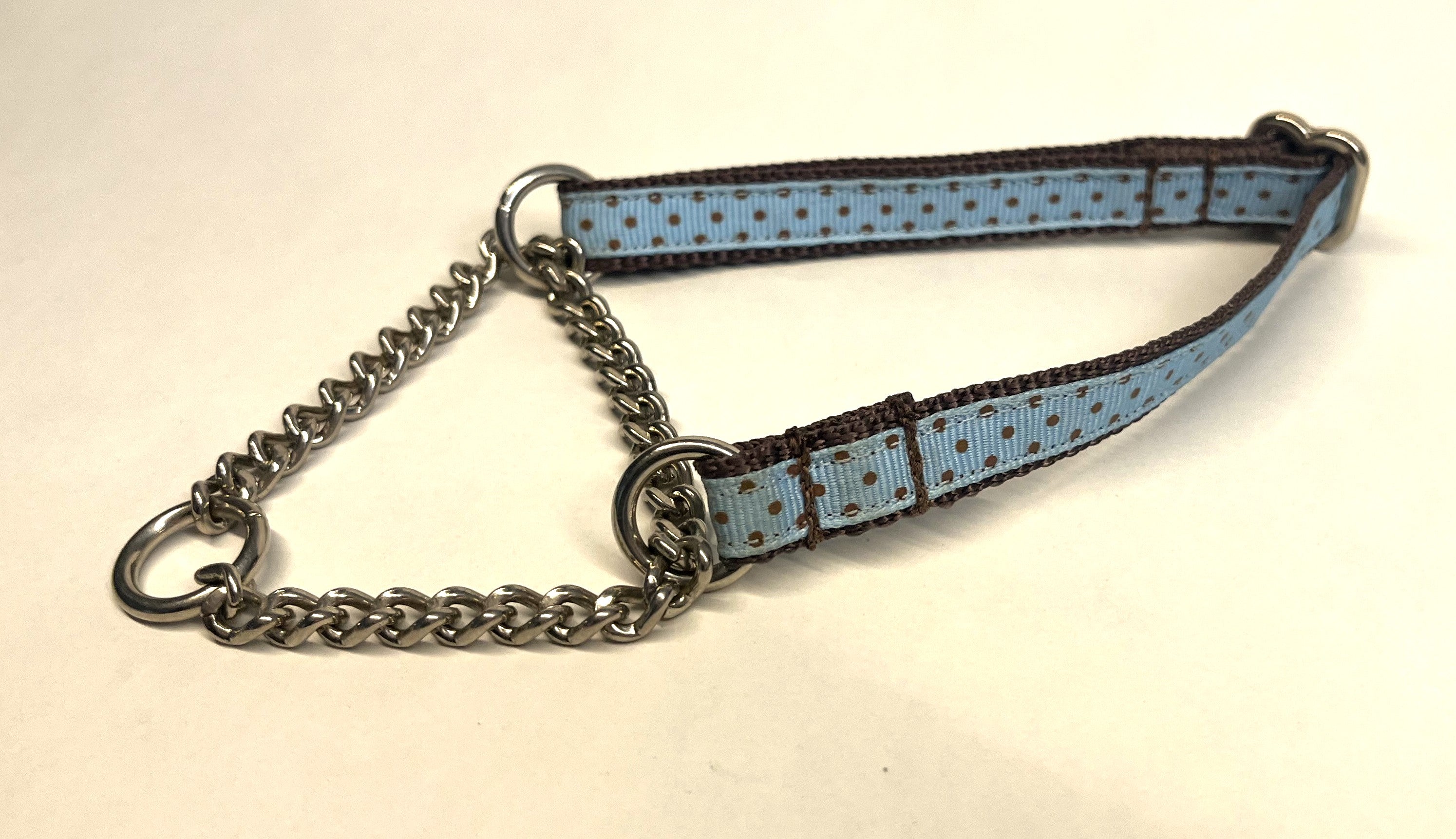 Light Blue with Brown Polka Dots Chain Martingale Collar 1/2