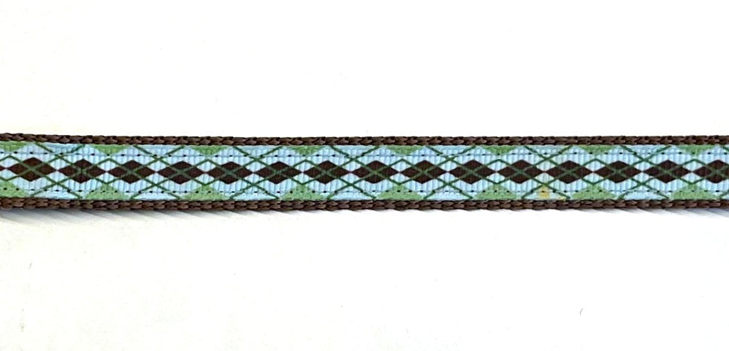 Light blue ribbon with brown and green argyle design on brown webbing dog collar