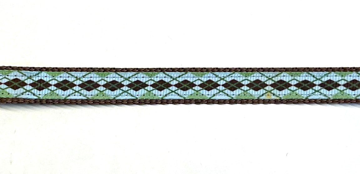 Light blue ribbon with brown and green argyle design on brown webbing dog collar