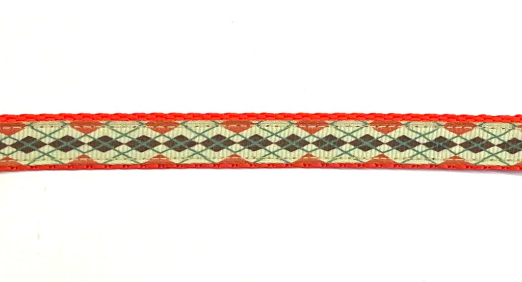 Light green with brown green and orange argyle dog collar 1/2 inch on orange webbing