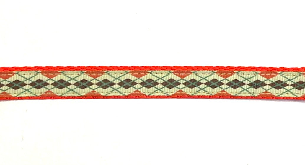 Light green with brown green and orange argyle dog collar 1/2 inch on orange webbing