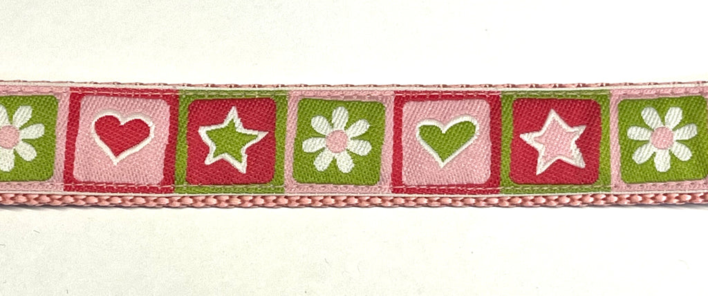 Light Pink, Green, and Pink Star, Hearts, and Flower Squares Chain Martingale Collar 1in