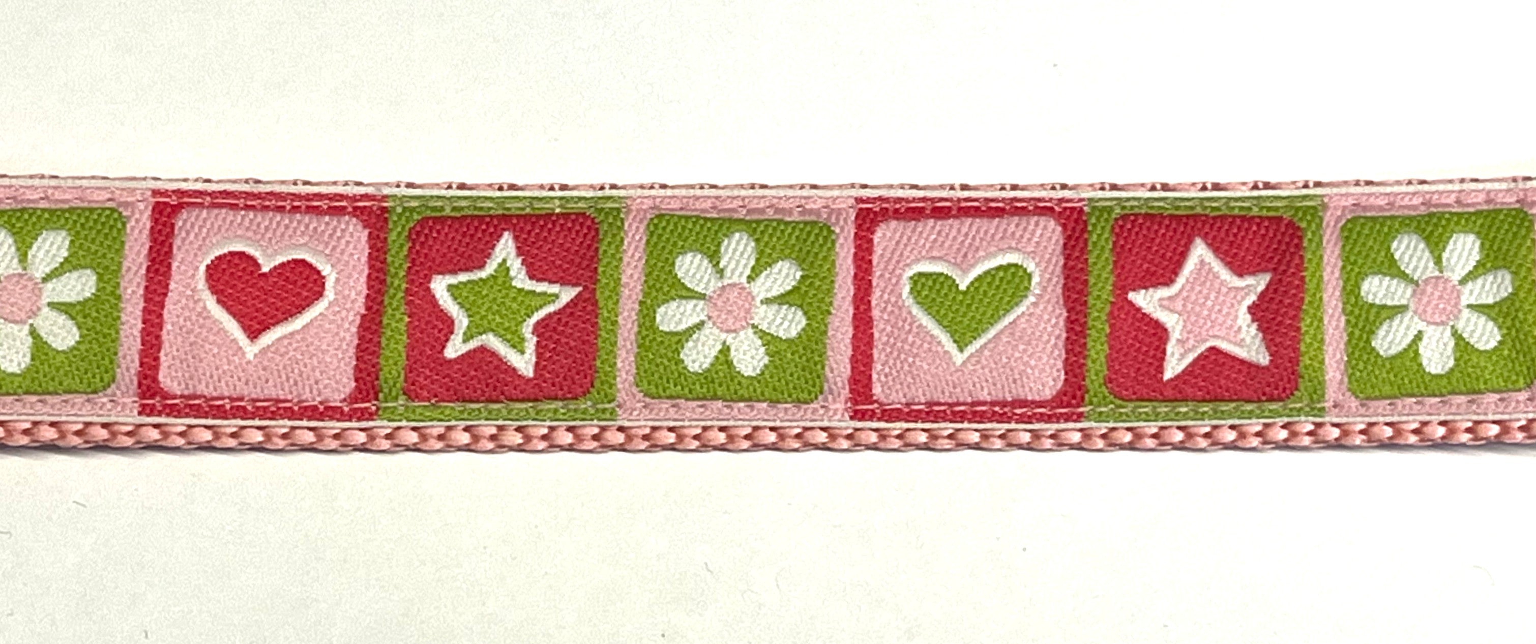 Light Pink, Green, and Pink Star, Hearts, and Flower Squares Chain Martingale Collar 1in