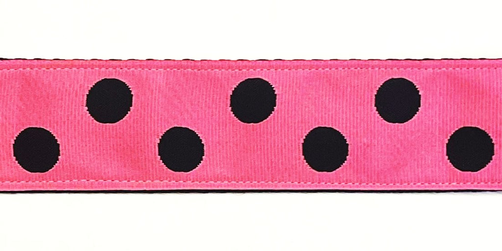 Light pink with black polka dot dog collar 1.5 inch on black webbing