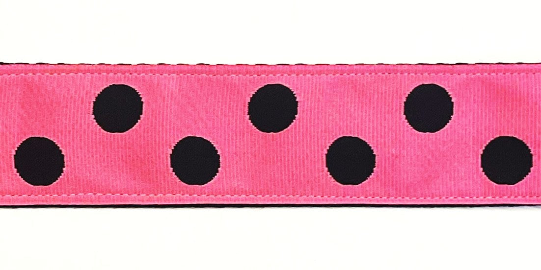 Light pink with black polka dot dog collar 1.5 inch on black webbing