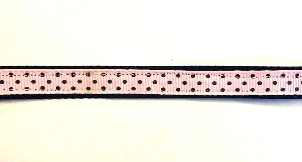 Light pink with black polka dots dog collar on black webbing, 1/2 inch width
