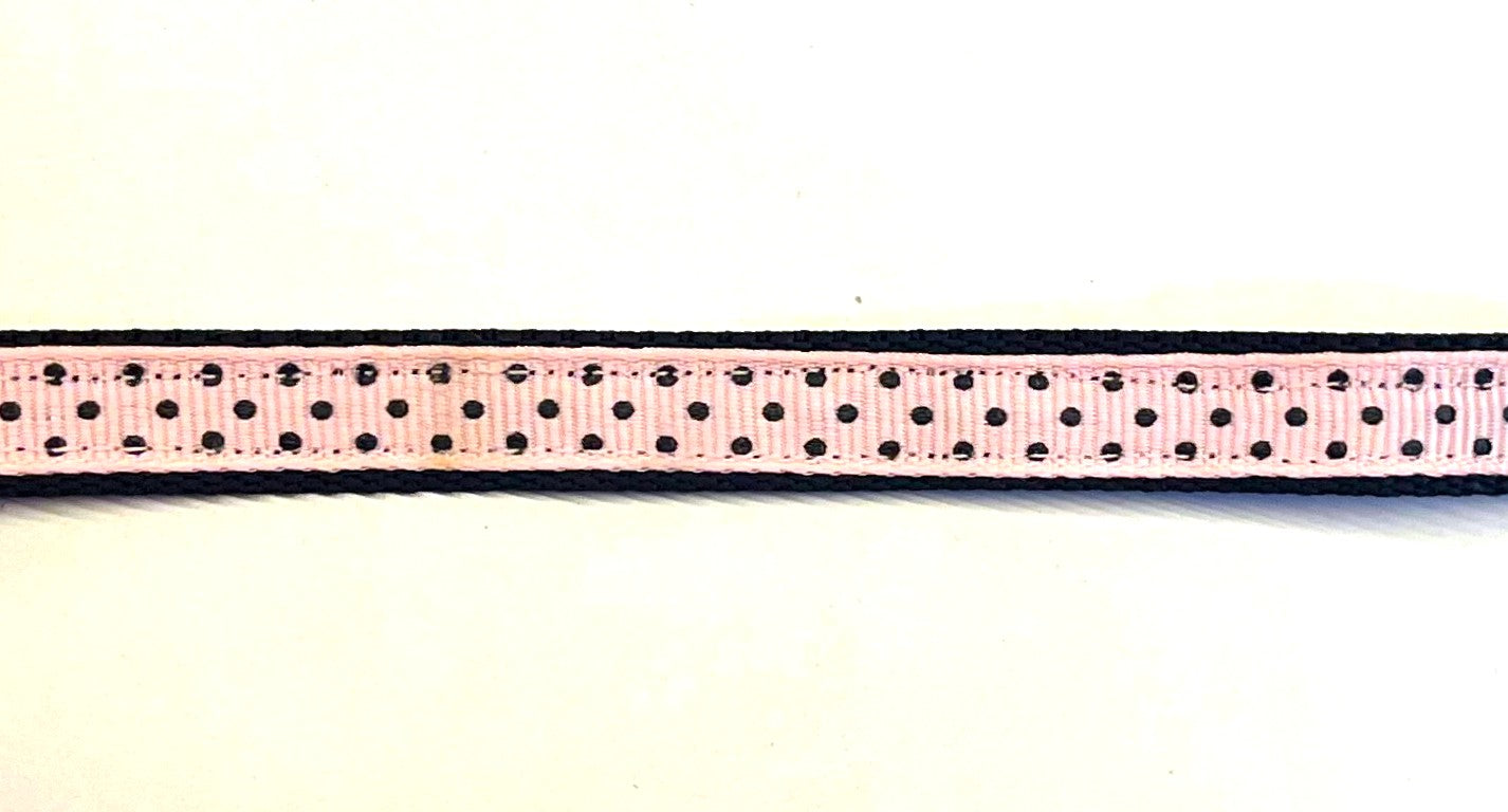 Light pink with black polka dots dog collar on black webbing, 1/2 inch width