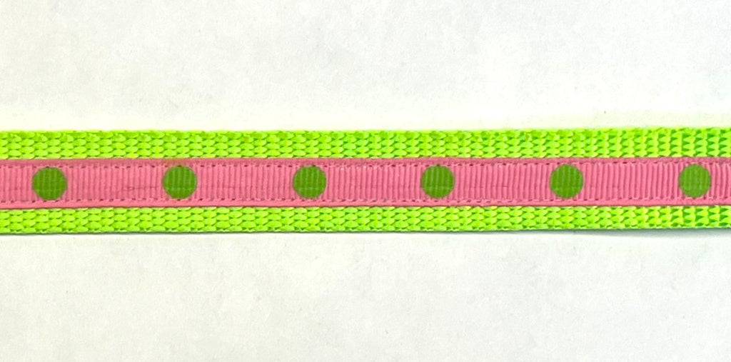 Light Pink with Green Dot Dog Collar 3/4 inch on green webbing