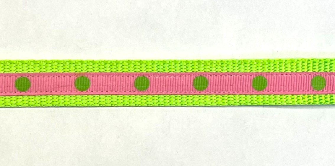 Light Pink with Green Dot Dog Collar 3/4 inch on green webbing