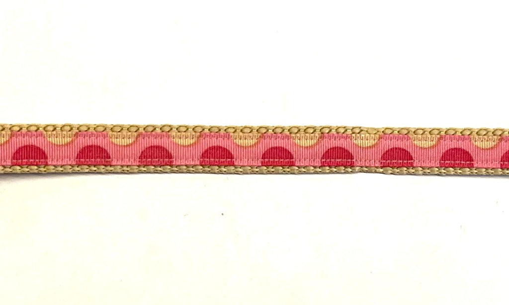 Light pink with pink and tan half circles dog leash 1/2 inch on tan webbing