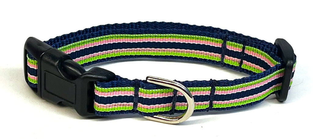 Navy, Lime Green, Light Pink & White Stripe Dog Collar 1/2