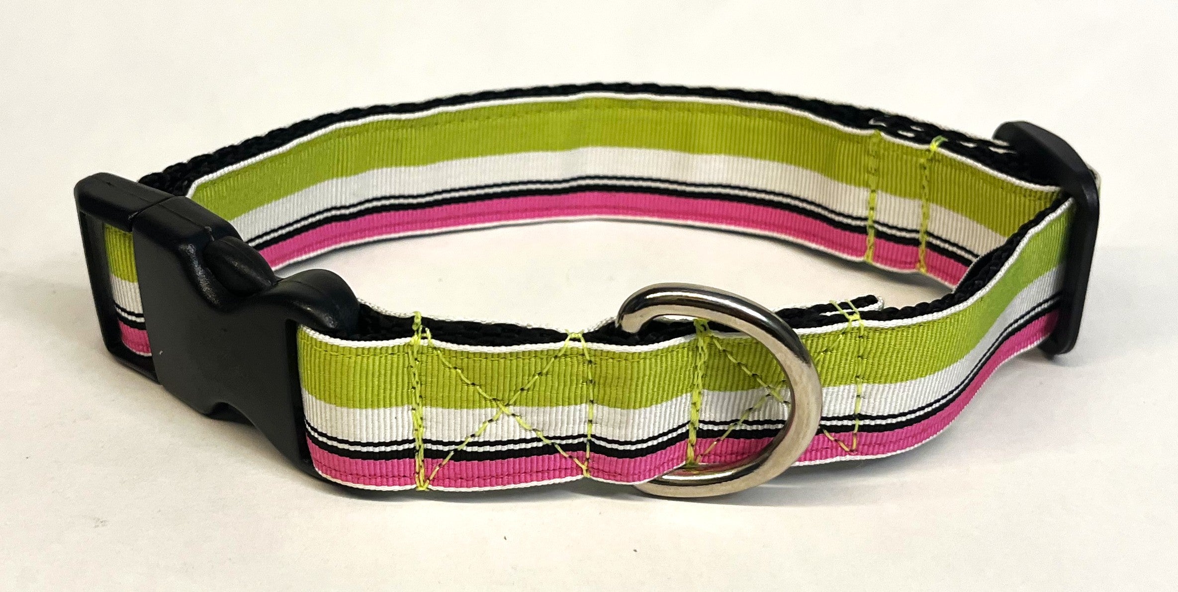 Lime Green, White, Black, and Pink Stripes Dog Collar 1in