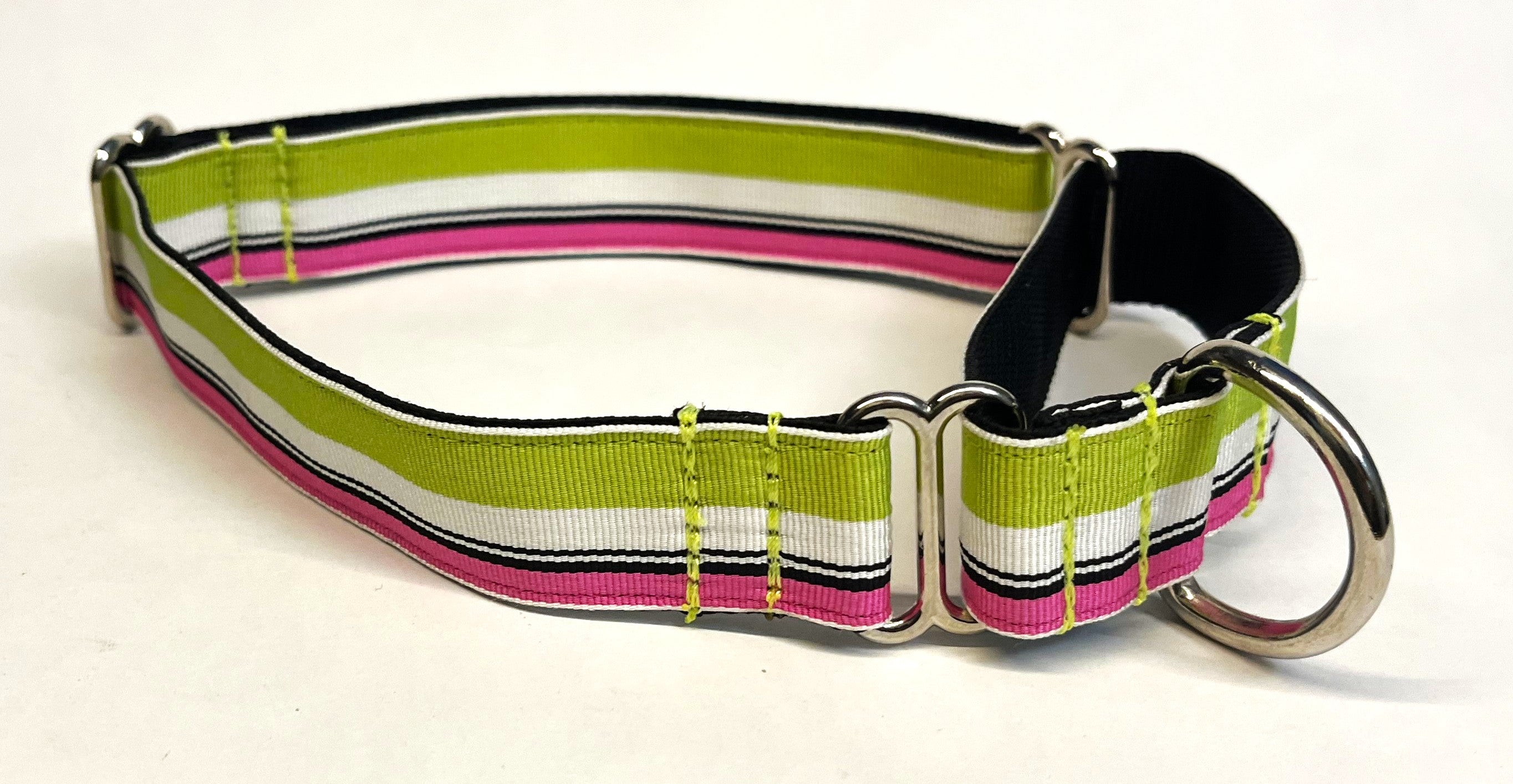 Lime Green, White, Black, and Pink Stripes Martingale Collar 1in