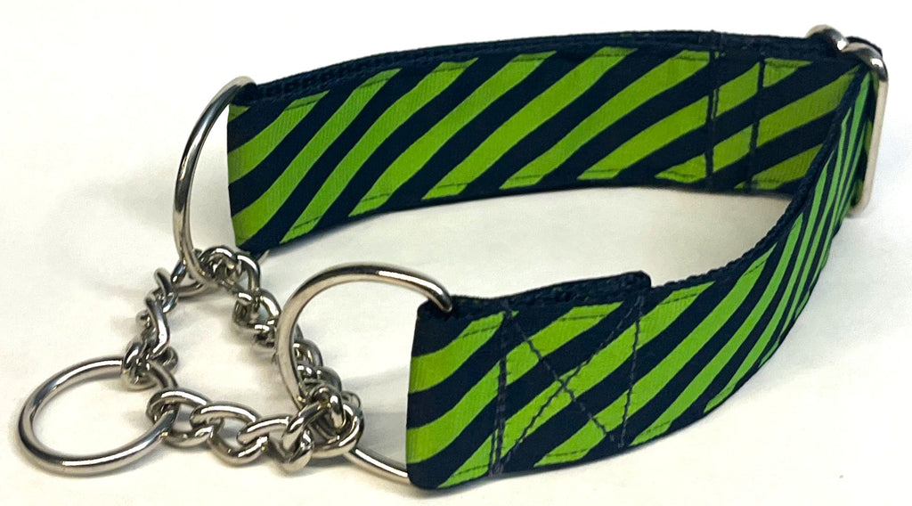 Lime Green and Navy Diagonal Stripe Chain Martingale Collar 1 1/2 in
