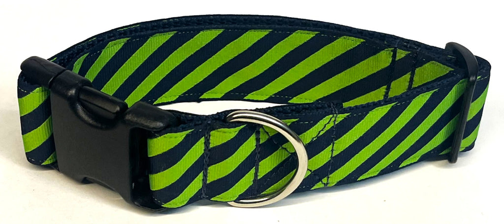 Lime Green and Navy Diagonal Stripe Dog Collar 1 1/2 in