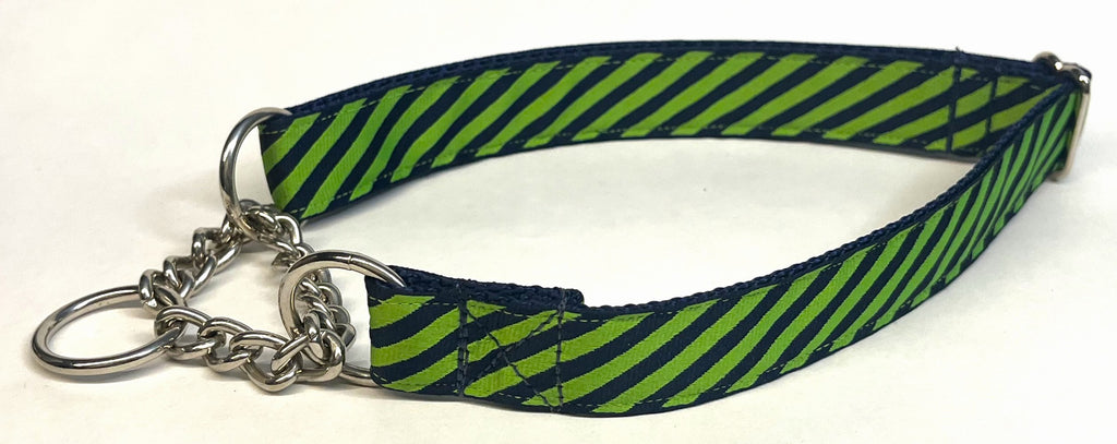 Lime Green and Navy Diagonal Stripe Chain Martingale Collar 1in