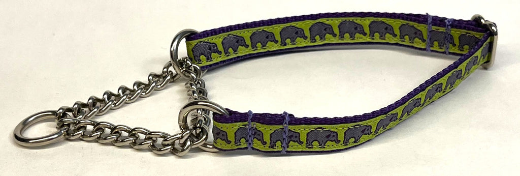 Lime Green with Lavender Elephants Chain Martingale Collar 1/2