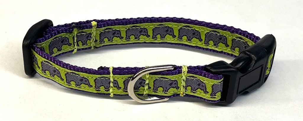 Lime Green with Lavender Elephants Dog Collar 1/2