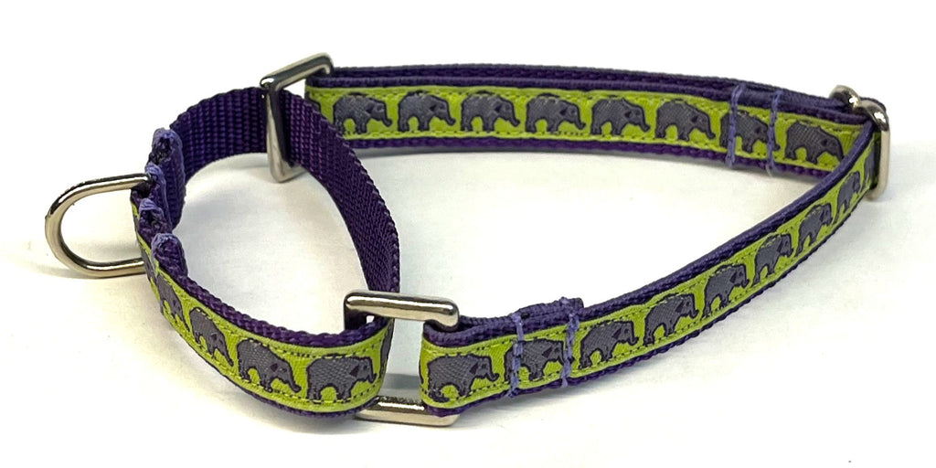 Lime Green with Lavender Elephants Martingale Collar 1/2